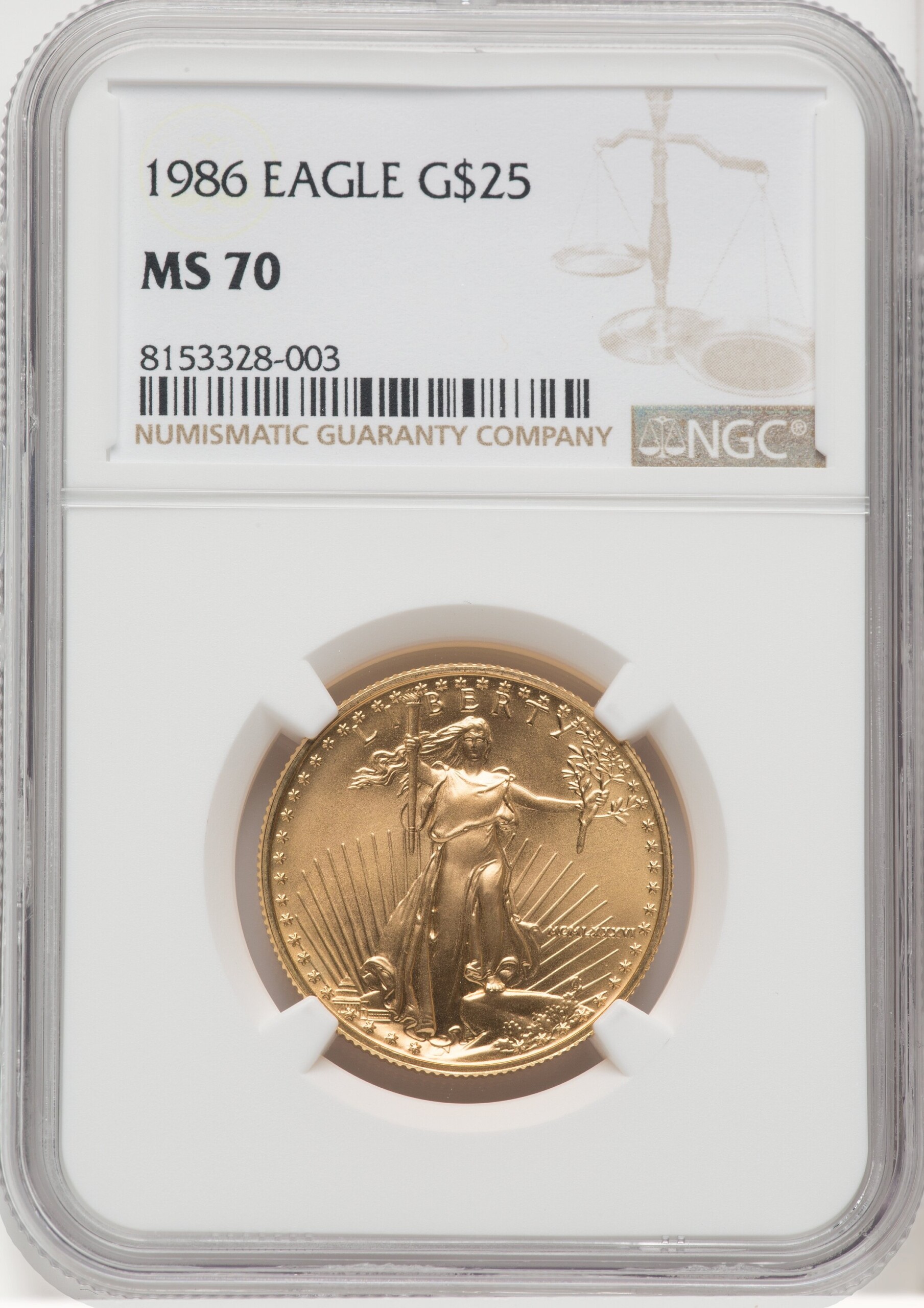 1986 $25 Half-Ounce Gold Eagle, MS Brown Label 70 NGC