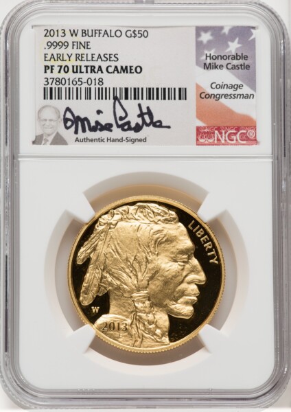 2013-W One-Ounce Gold Buffalo, First Strike, PR DC ER Mike Castle 70 NGC