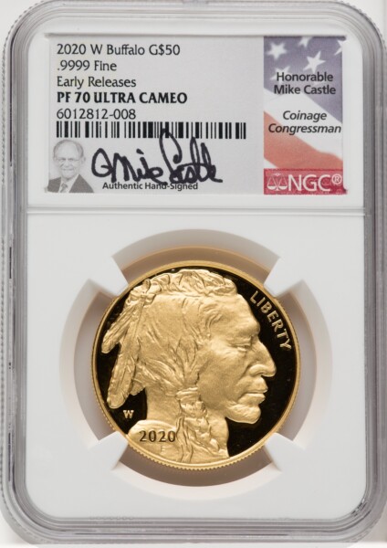 2020-W G$50 Gold Buffalo, First Strike, PR DCAM Mike Castle 70 NGC
