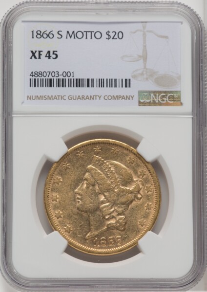 1866-S $20 MOTTO 45 NGC