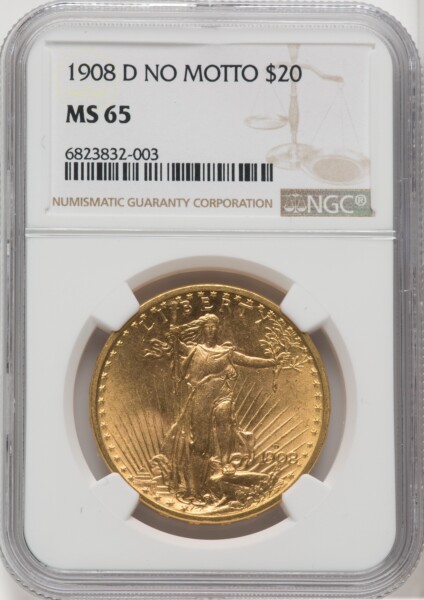 1908-D $20 NO MOTTO 65 NGC