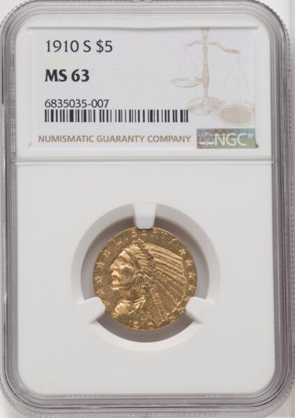 1910-S $5, MS 63 NGC