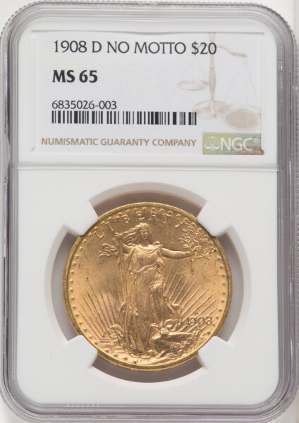 1908-D $20 NO MOTTO 65 NGC