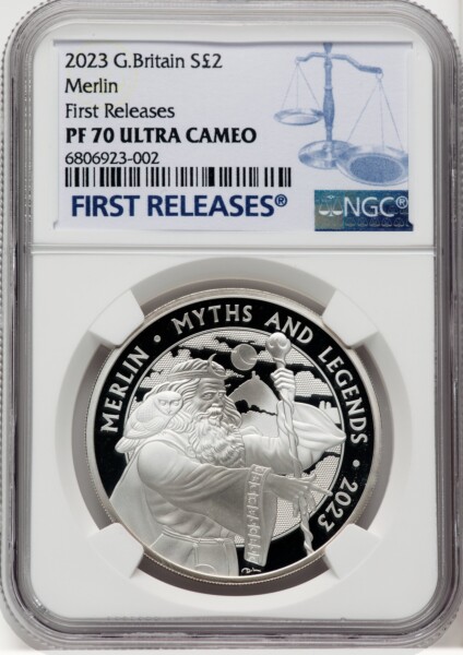 Charles III silver Proof “Merlin” 2 Pounds (1 oz) 2023 PR70  Ultra Cameo NGC, 70 NGC