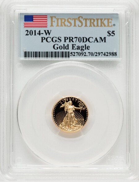 2014-W $5 Tenth-Ounce Gold Eagle, First Strike, PR, DC FS Flag 70 PCGS