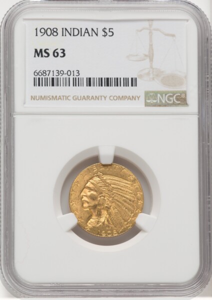 1908 $5 Indian, MS 63 NGC