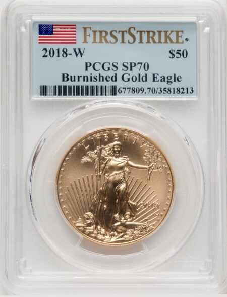 2018-W G$50 One Ounce Burnished Gold Eagle, First Strike, SP 70 PCGS