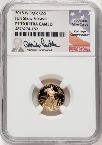 2018-W $5 Tenth Ounce Gold Eagle, DC Mike Castle 70 NGC