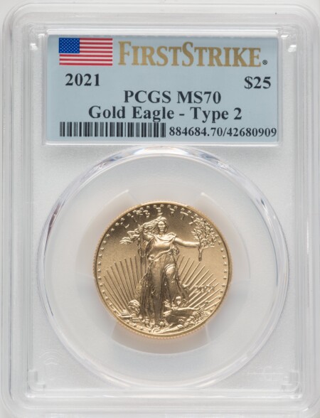 2021 $25 Half-Ounce Gold Eagle, Type Two, First Strike, MS FS Flag 70 PCGS