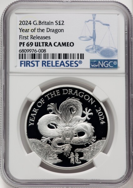 Charles III silver Proof “Year of the Dragon” 2 Pounds (1 oz) 2024 PR69  Ultra Cameo NGC, 69 NGC