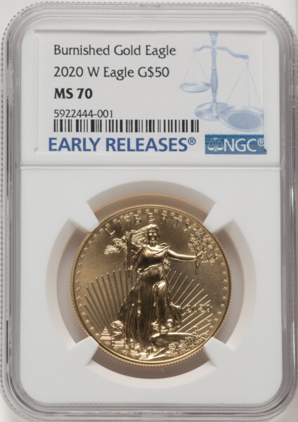 2020-W $50 One Ounce Gold Eagle, Burnished, SP ER Blue 70 NGC
