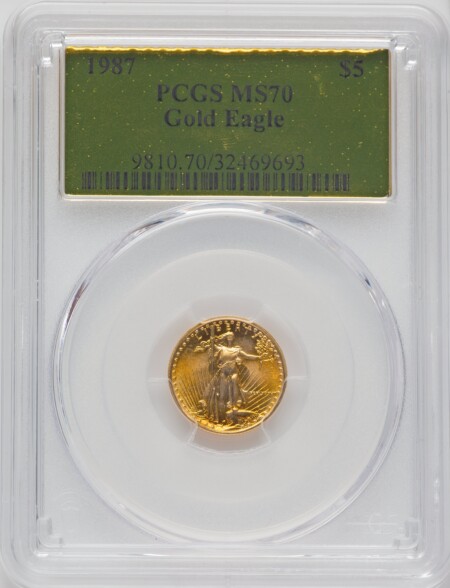 1987 $5 Tenth-Ounce Gold Eagle, MS Gold Foil 70 PCGS