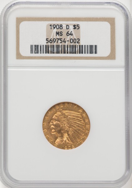1908-D $5 64 NGC