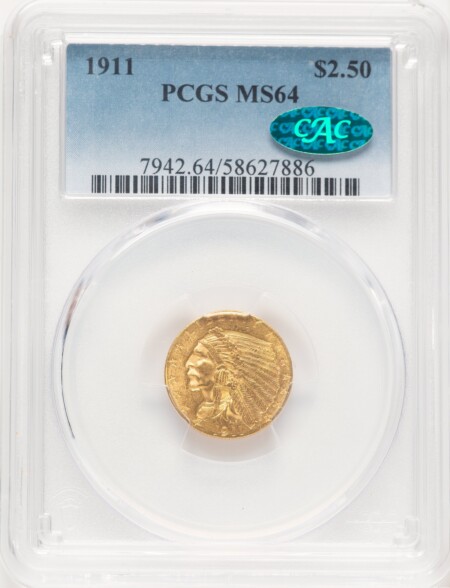 1911 $2 1/2 CAC 64 PCGS