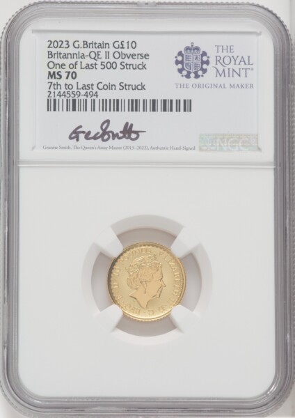 2023 G.B. G10 BRITANNIA-QE II OBVERSE 7TH TO LAST COIN STRUCK 70 NGC