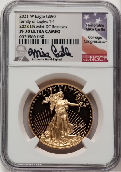 2021-W $50 One Ounce Gold Eagle, Type One, First Strike,  DC Mike Castle 70 NGC