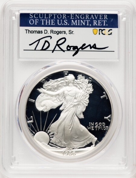 1986-S Proof Silver Eagle 1 oz TD Rogers 70 PCGS