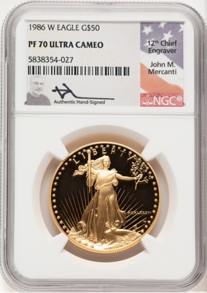 1986-W Proof Gold Eagle 1 oz John Mercanti 70 NGC