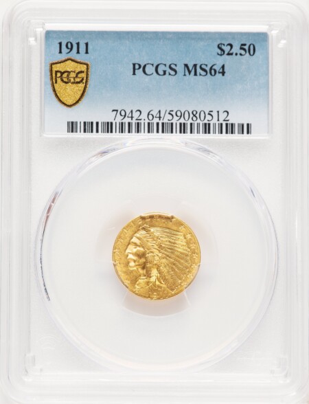 1911 $2 1/2 PCGS Secure 64 PCGS