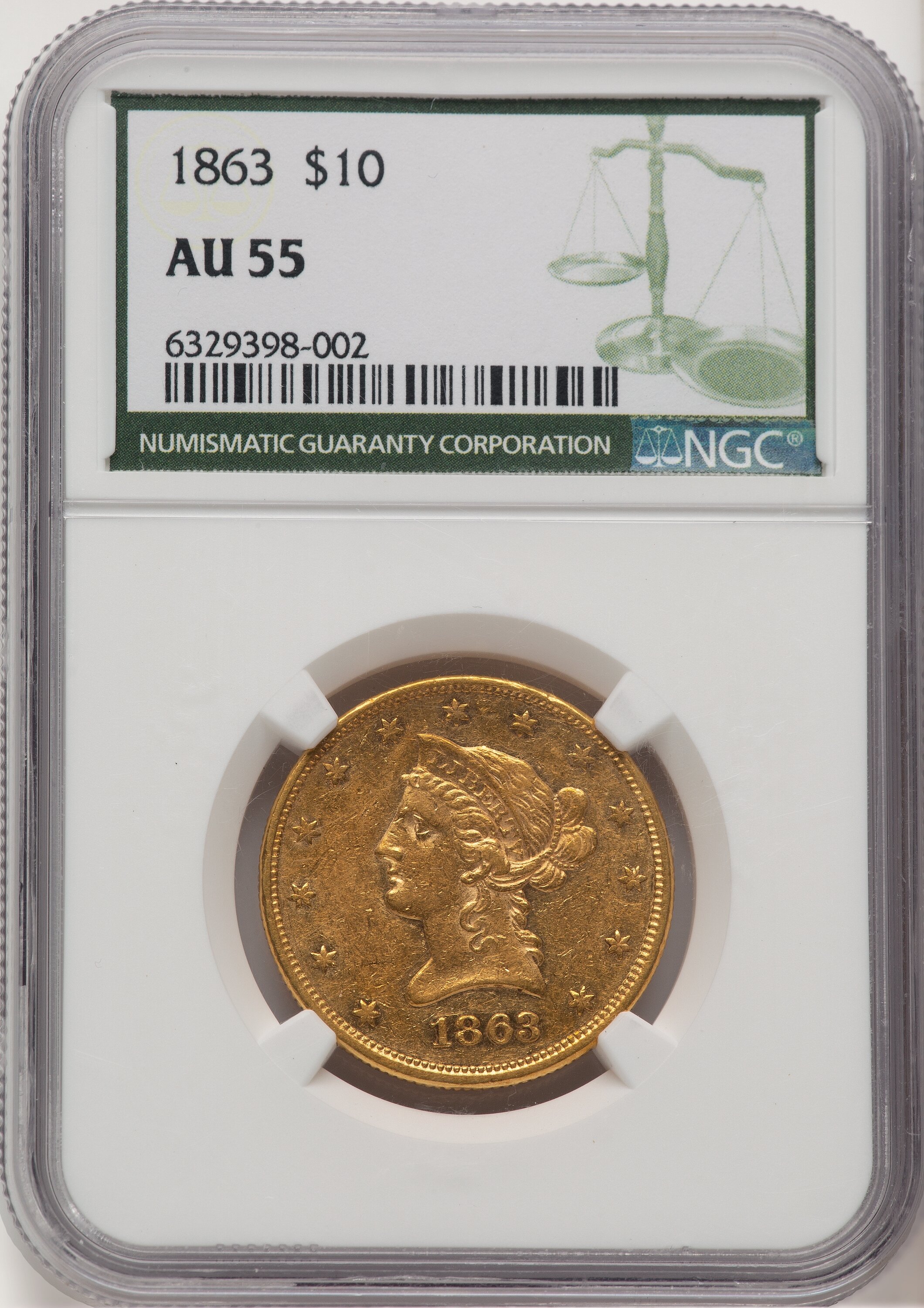 1863 $10 Green Label 55 NGC