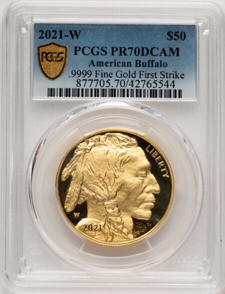 2021-W G$50 Gold Buffalo, First Strike, PR DCAM PCGS Secure Blue Gradient 70 PCGS