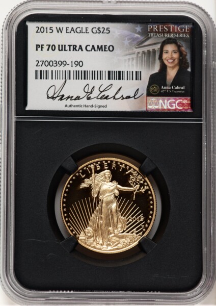 2015-W Proof Gold Eagle 1/2 oz Anna Cabral Prestige Treasurer Series Blk Core 70 NGC