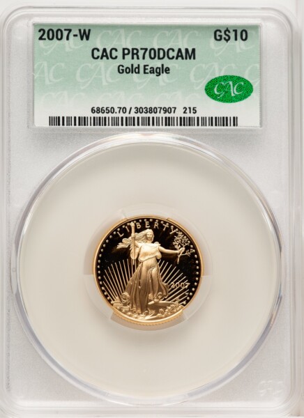2007-W $10 Quarter-Ounce Gold Eagle, PR DC Brown Label 70 CACG