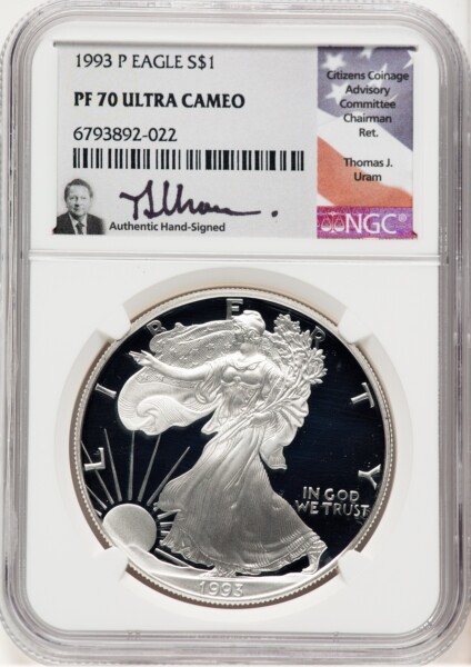 1993-P Proof Silver Eagle 1 oz Thomas Uram 70 NGC