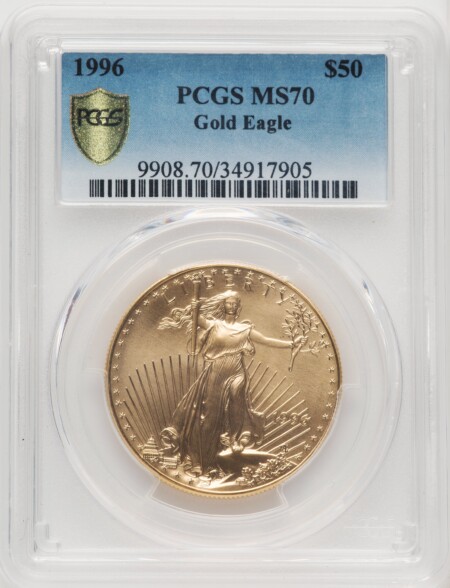 1996 $50 One-Ounce Gold Eagle, MS PCGS Secure Blue Gradient 70 PCGS