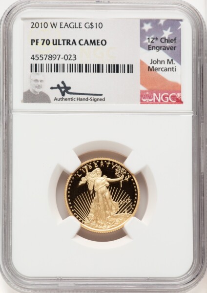 2010-W $10 Quarter-Ounce Gold Eagle, PR DC John Mercanti 70 NGC