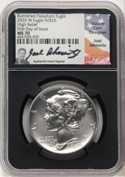 2020-W Palladium Eagle 1 oz Burnished FDI Joel Iskowitz Blk Core 70 NGC