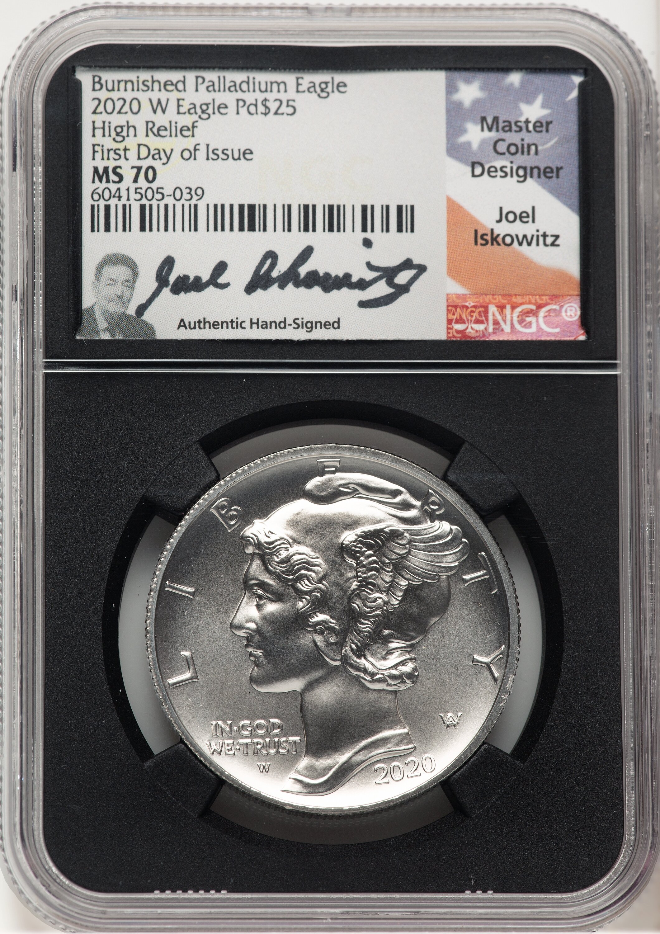 2020-W Palladium Eagle 1 oz Burnished FDI Joel Iskowitz Blk Core 70 NGC