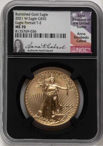 2021-W One-Ounce Gold Eagle, Type Two, Burnished, MS Anna Cabral Blk Core 70 NGC
