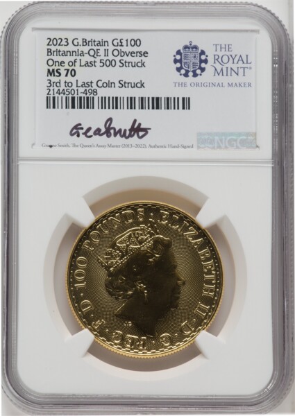 2023 G.B. G100 BRITANNIA-QE II OBVERSE 3RD TO LAST COIN STRUCK 70 NGC