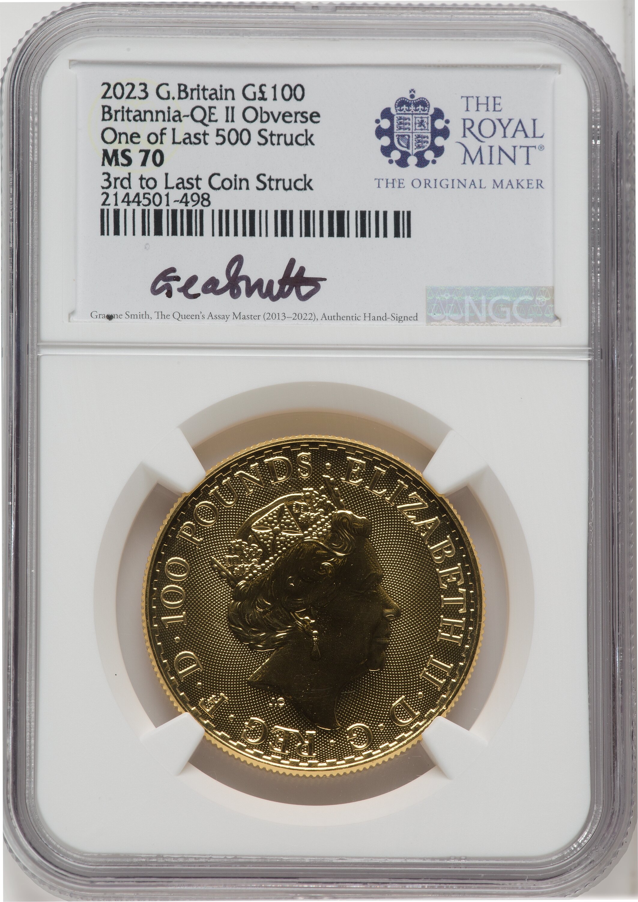 2023 G.B. G100 BRITANNIA-QE II OBVERSE 3RD TO LAST COIN STRUCK 70 NGC