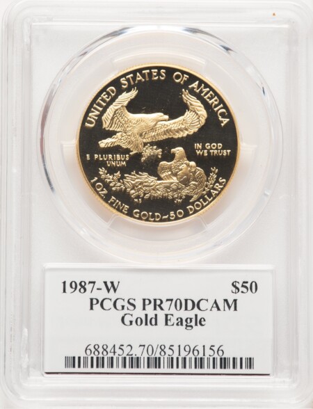 1987-W Proof Gold Eagle 1 oz John Mercanti 70 PCGS
