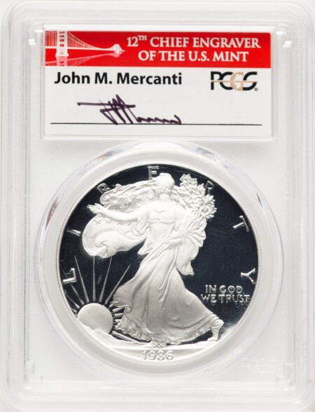 1986-S Proof Silver Eagle 1 oz John Mercanti Bridge 70 PCGS