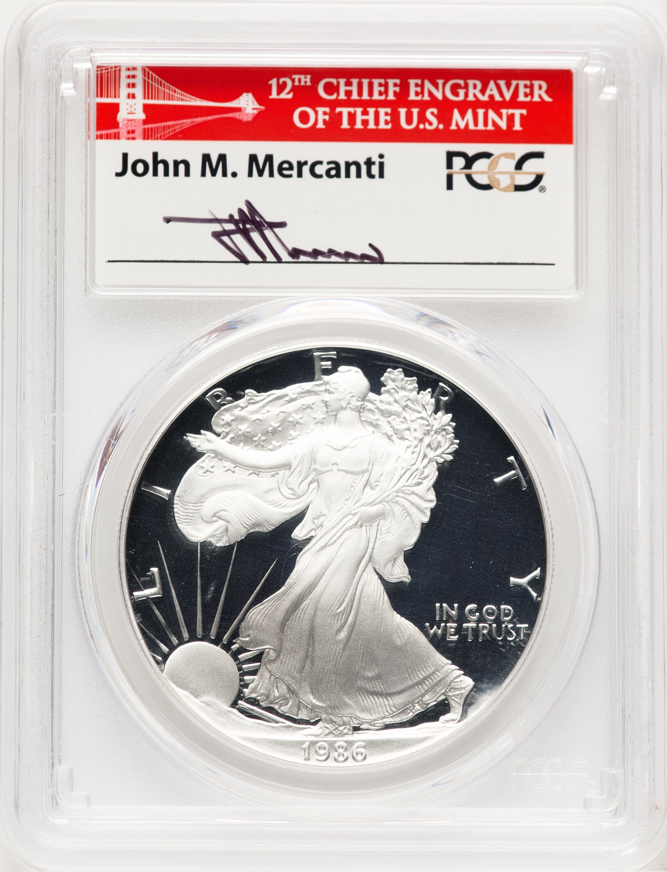 1986-S Proof Silver Eagle 1 oz John Mercanti Bridge 70 PCGS