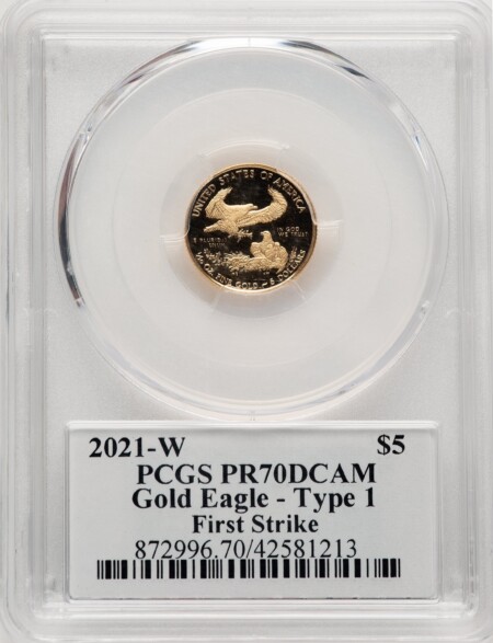 2021-W $5 Tenth Ounce Gold Eagle, Type Two, FS, DC FS George Casey 70 PCGS