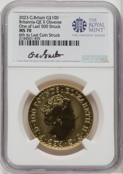2023 G.B. G100 BRITANNIA-QE II OBVERSE 6TH TO LAST COIN STRUCK 70 NGC