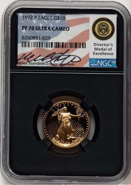 1992-P $10 Quarter-Ounce Gold Eagle, PR, DC Miles Standish 70 NGC