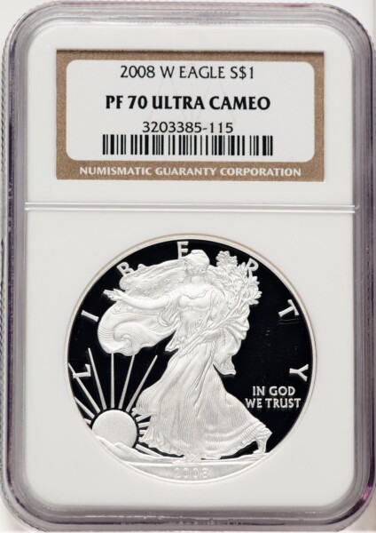 2008-W Proof Silver Eagle 1 oz Brown Label 70 NGC