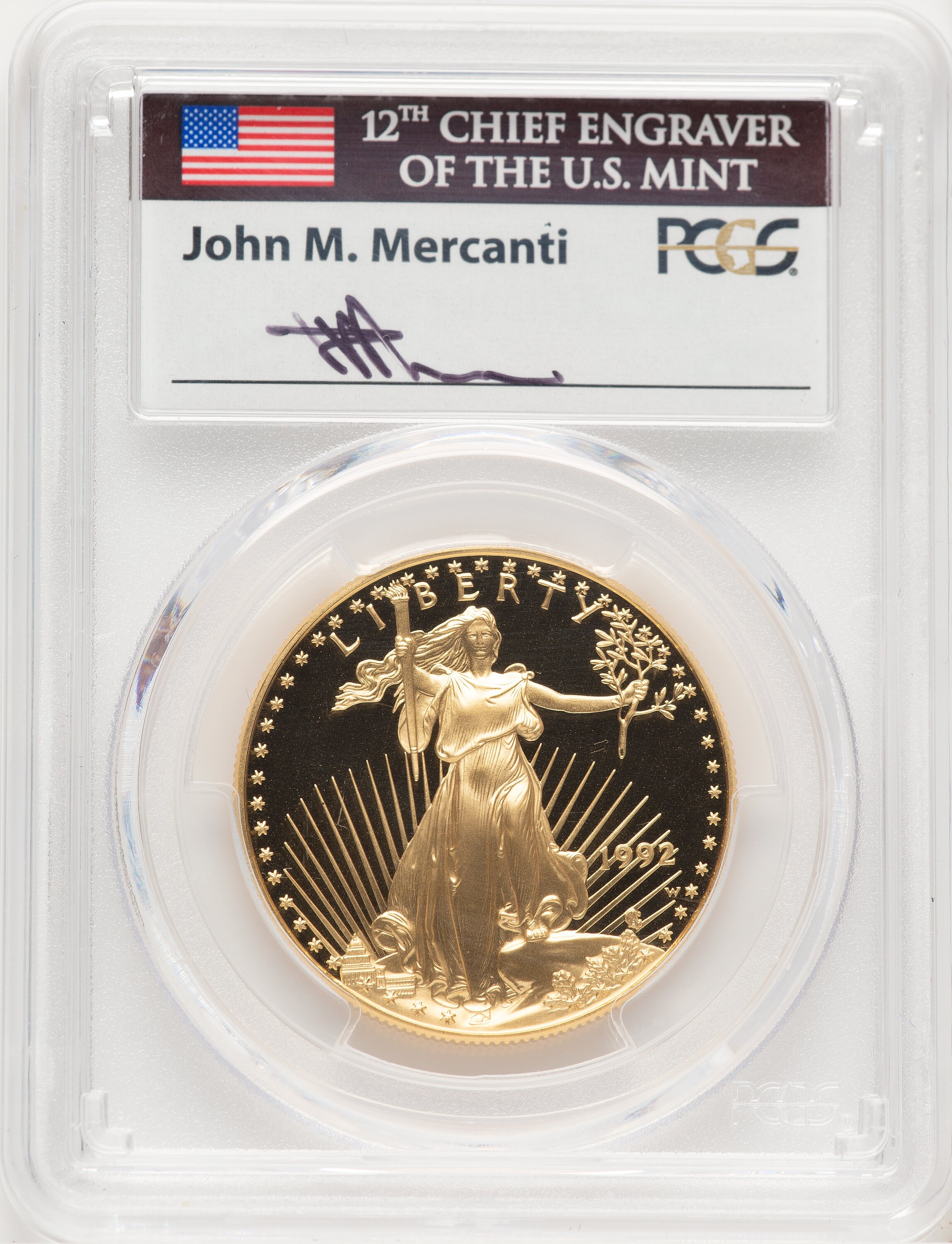 1992-W Proof Gold Eagle 1 oz John Mercanti 70 PCGS