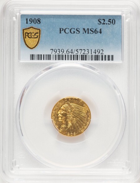 1908 $2 1/2 PCGS Secure 64 PCGS