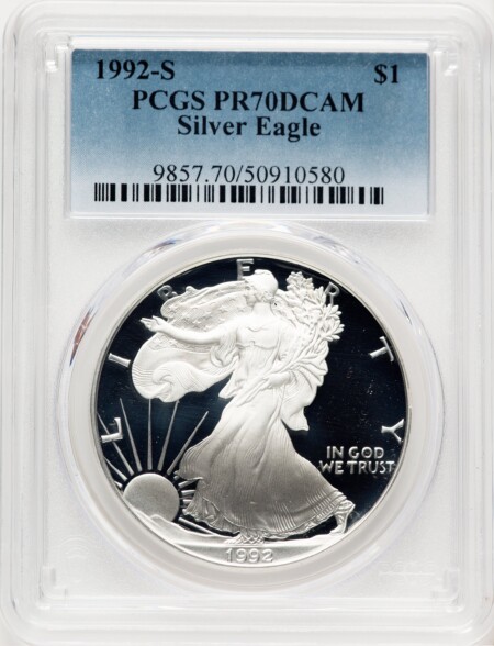 1992-S Proof Silver Eagle 1 oz Blue Gradient 70 PCGS