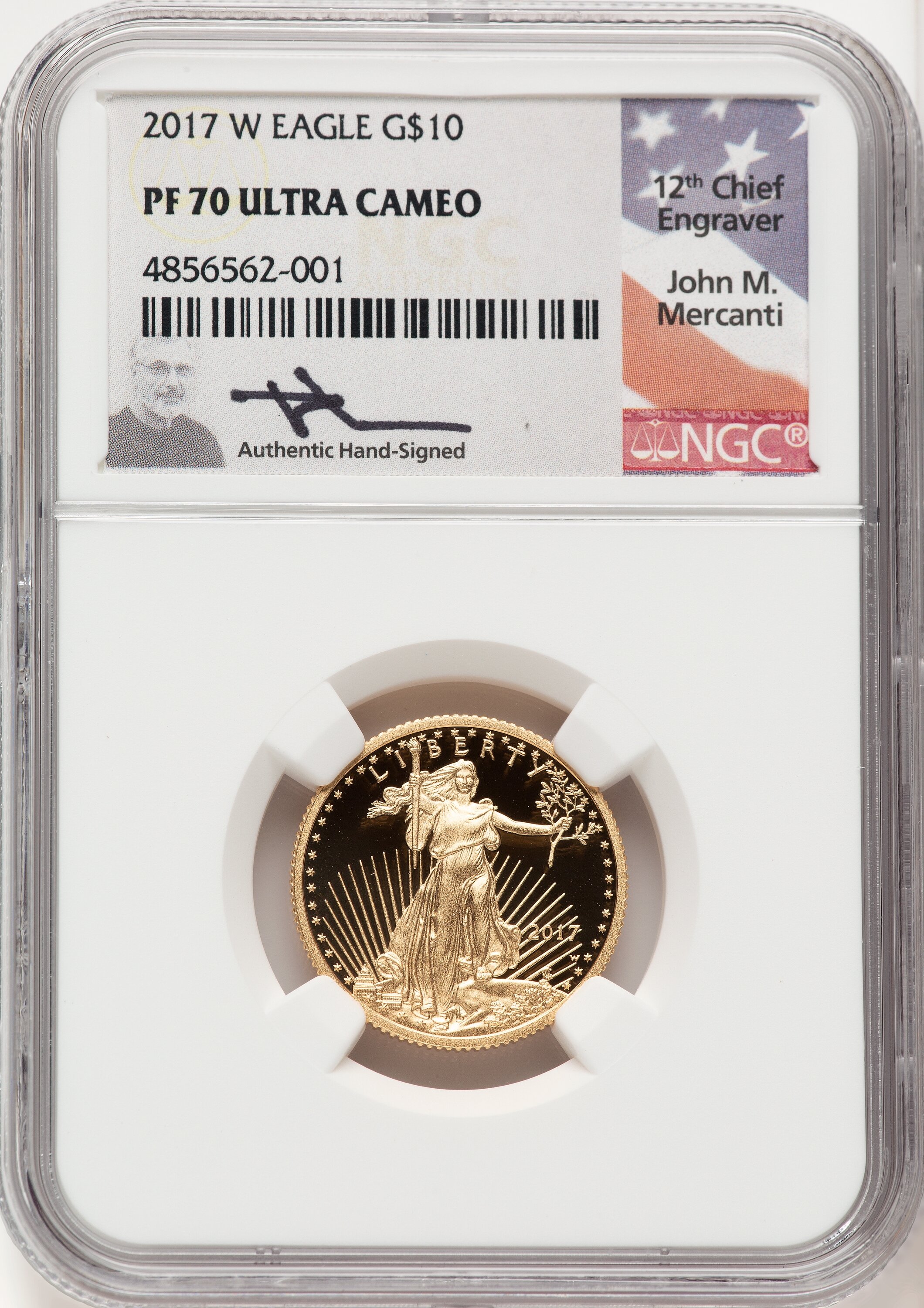 2017-W $10 Quarter-Ounce Gold Eagle, PR, DC John Mercanti 70 NGC