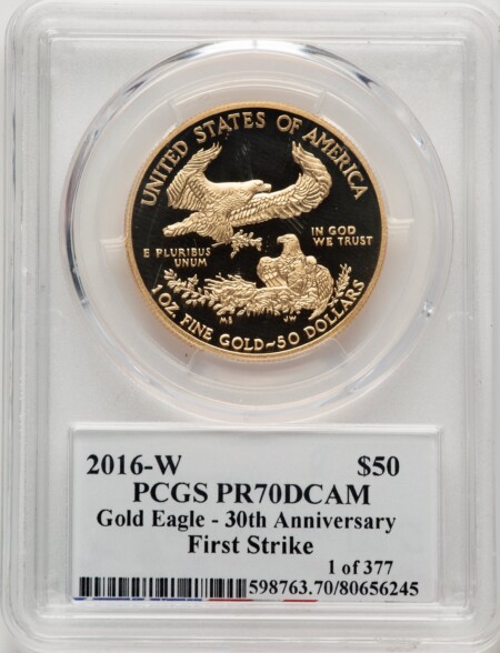 2016-W $50 One-Ounce Gold Eagle, 30th Anniversary, First Strike, Moy Signature, PR, DC FS Ed Moy 70 PCGS