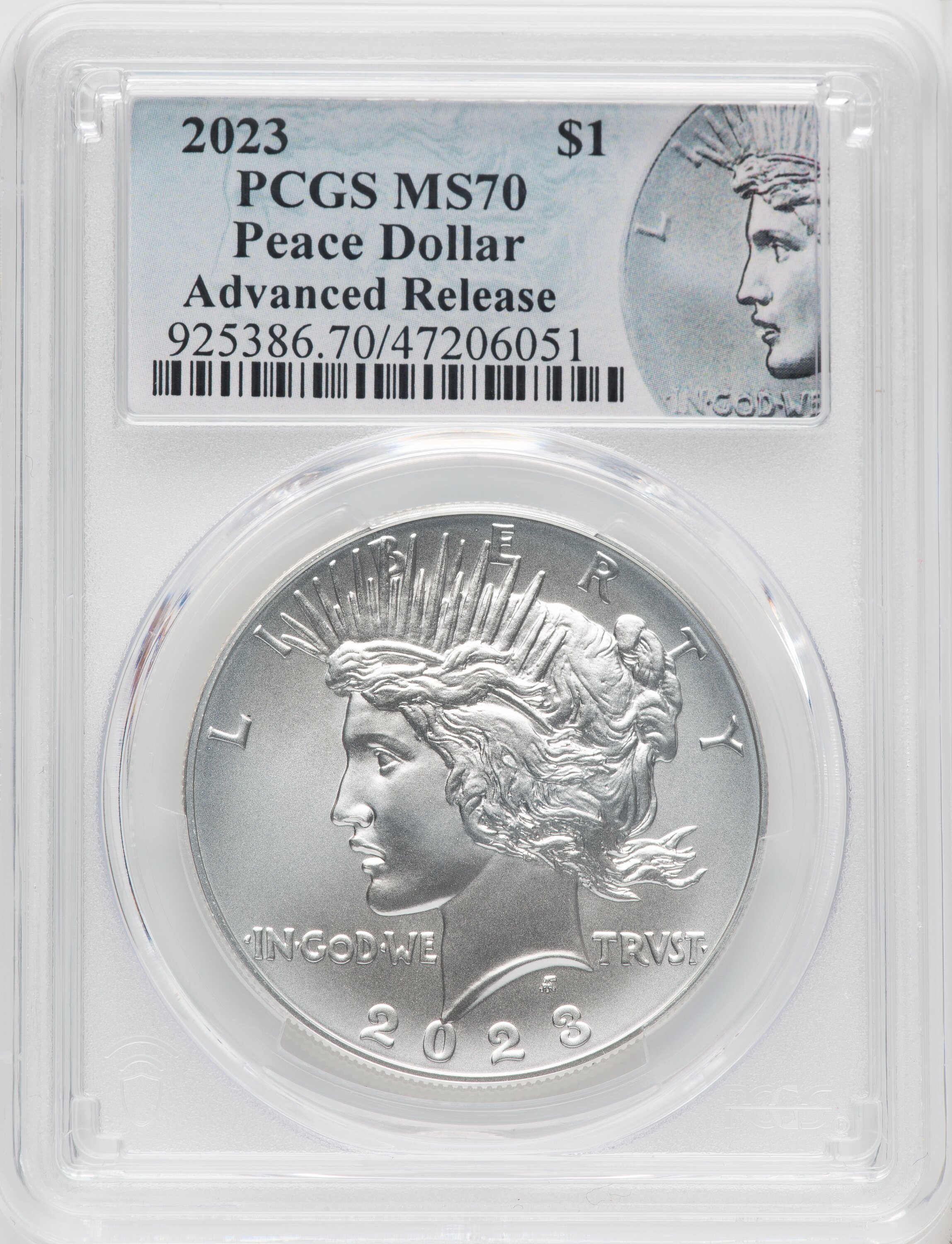 2023 $1 Peace, Advanced Release, MS AR Peace Label 70 PCGS