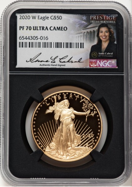 2020-W Proof Gold Eagle 1 oz Anna Cabral Prestige Treasurer Series Blk Core 70 NGC