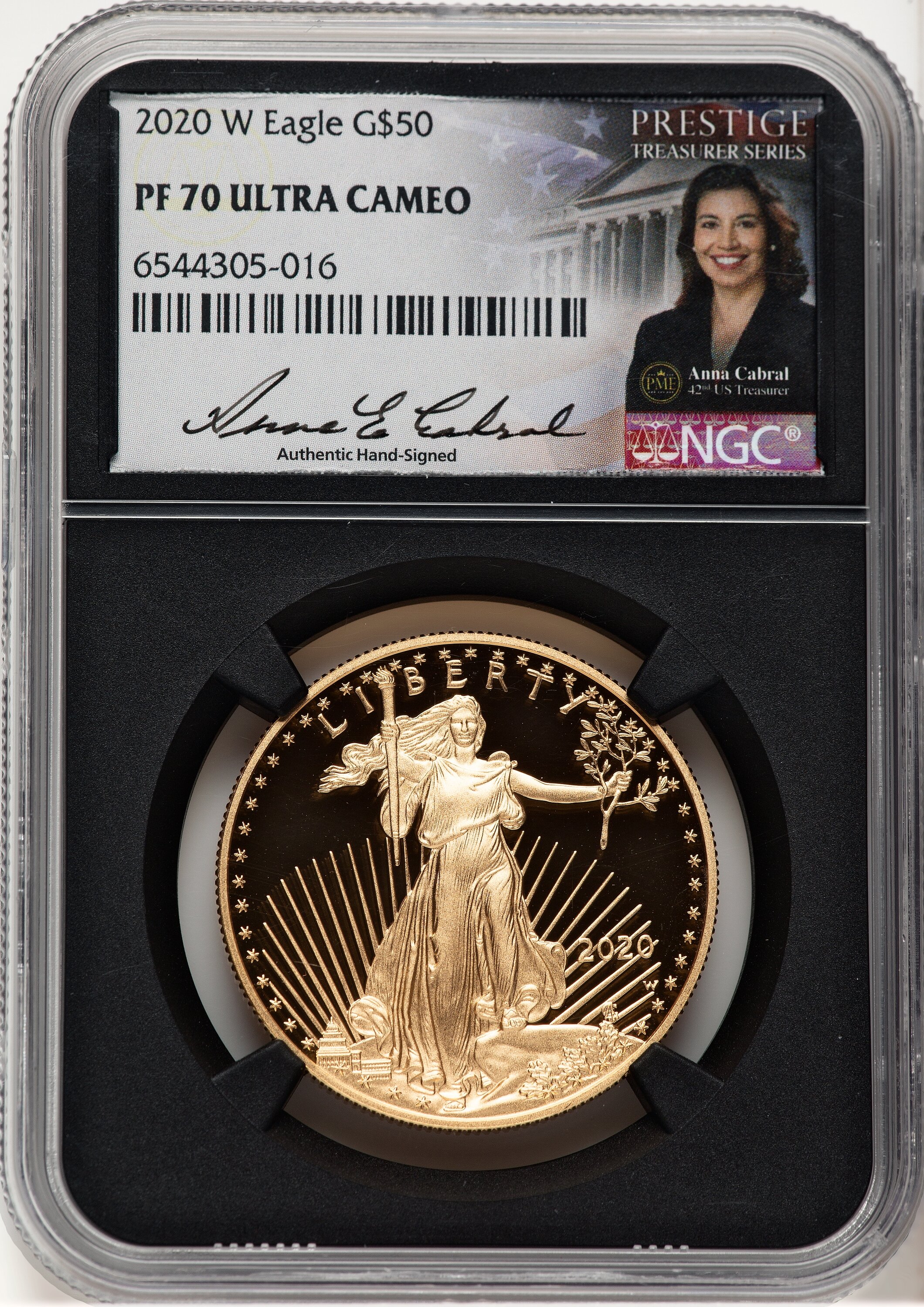 2020-W Proof Gold Eagle 1 oz Anna Cabral Prestige Treasurer Series Blk Core 70 NGC